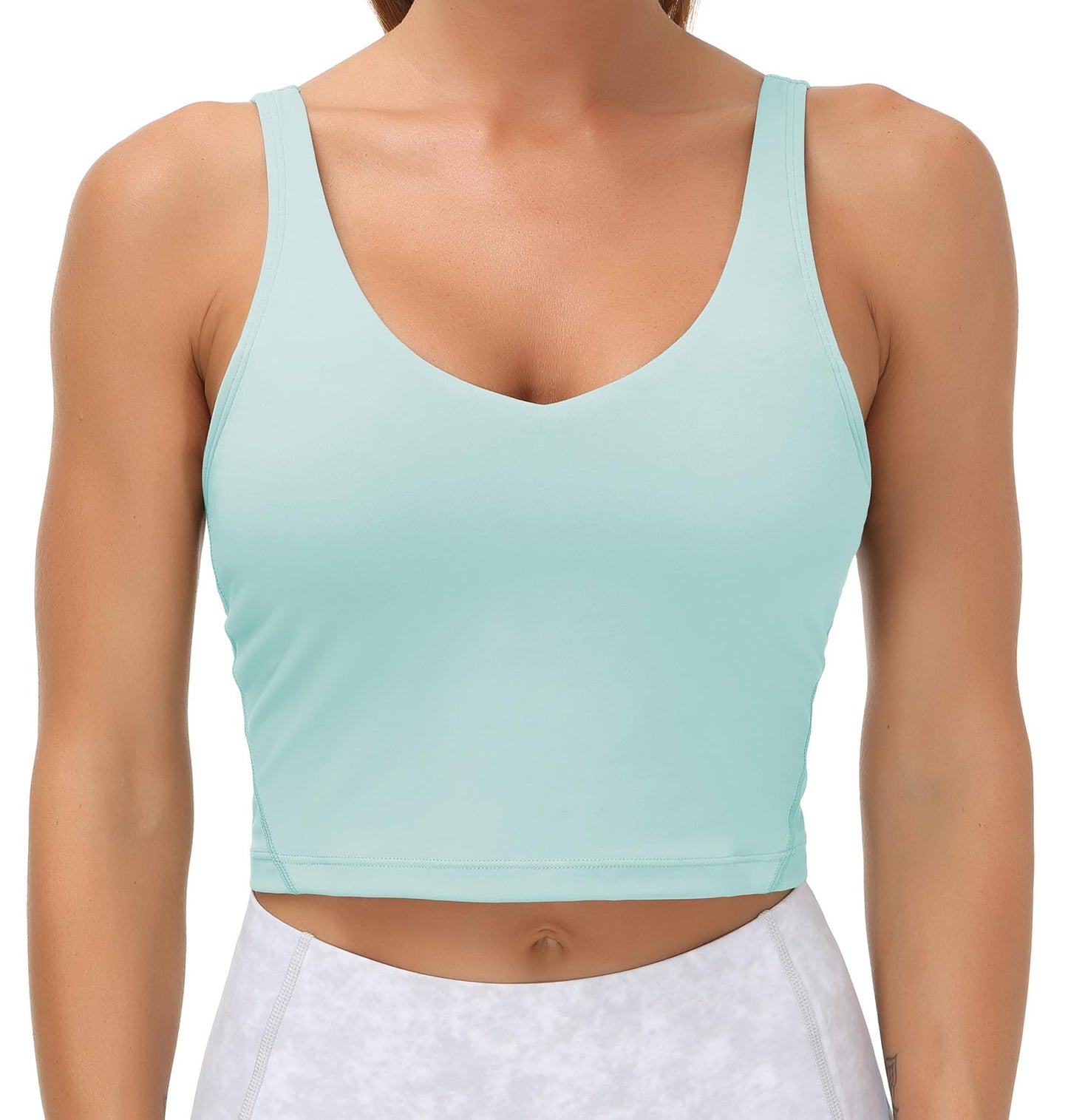 Women’s Longline Sports Bra Wirefree Padded Medium Support Yoga Bras Gym Running Workout Tank Tops Light Blue