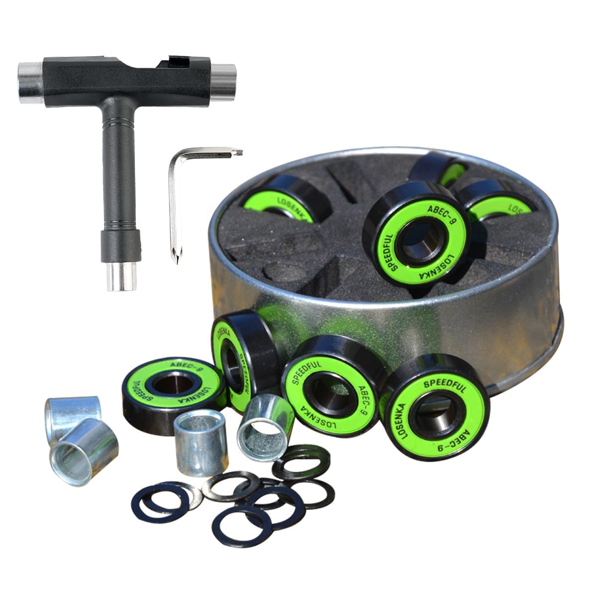 Losenka Skateboard Bearings 8 Pack, ABEC-9 Chrome Steel 608-2RS Bearings for Longboard, Skateboard, Roller Skate with T-Tool