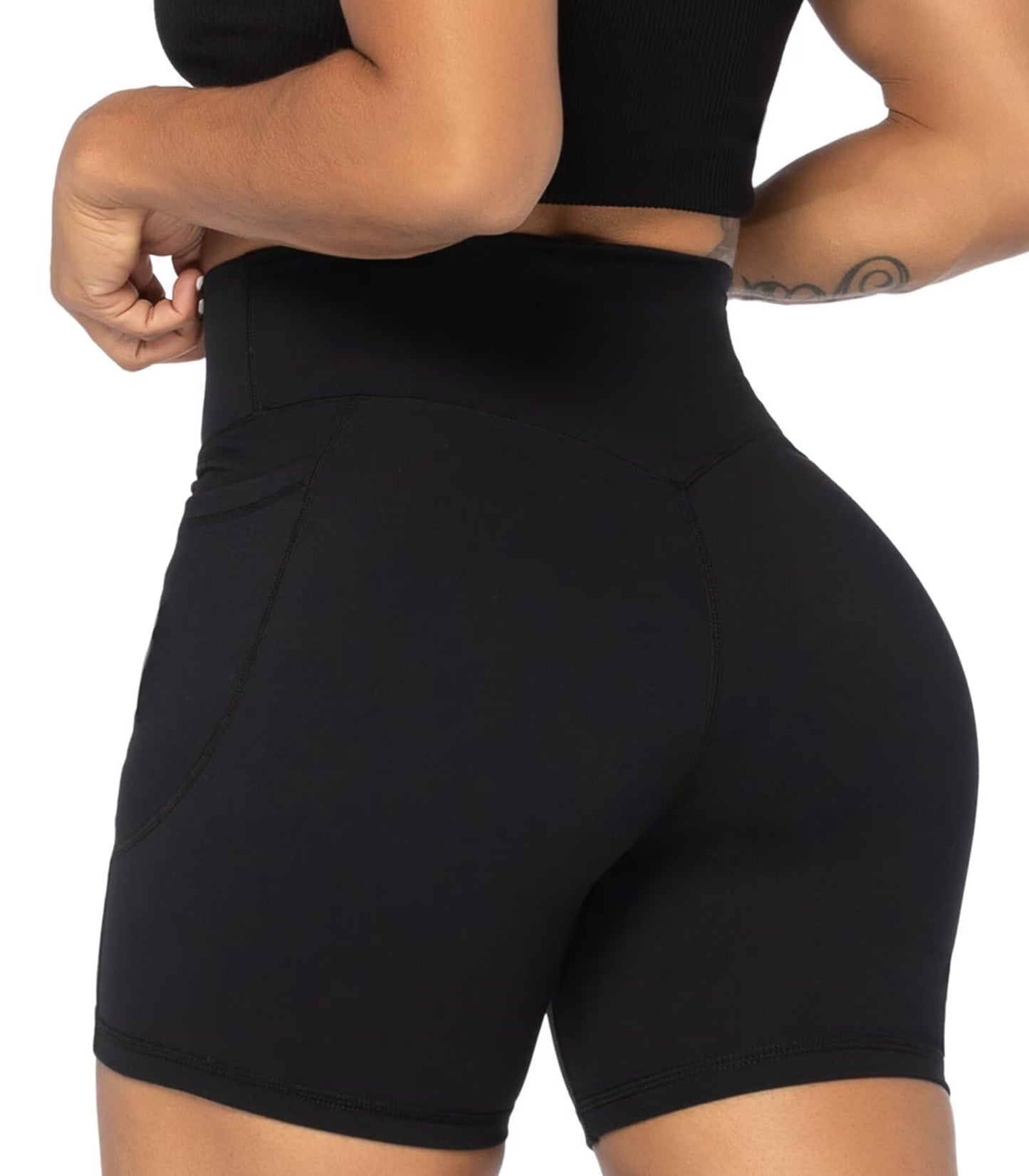 Sunzel Women's Biker Shorts in High Waist Tummy Control with Deep Pockets 5" Black+Periwinkle (2 Pack) X-Small