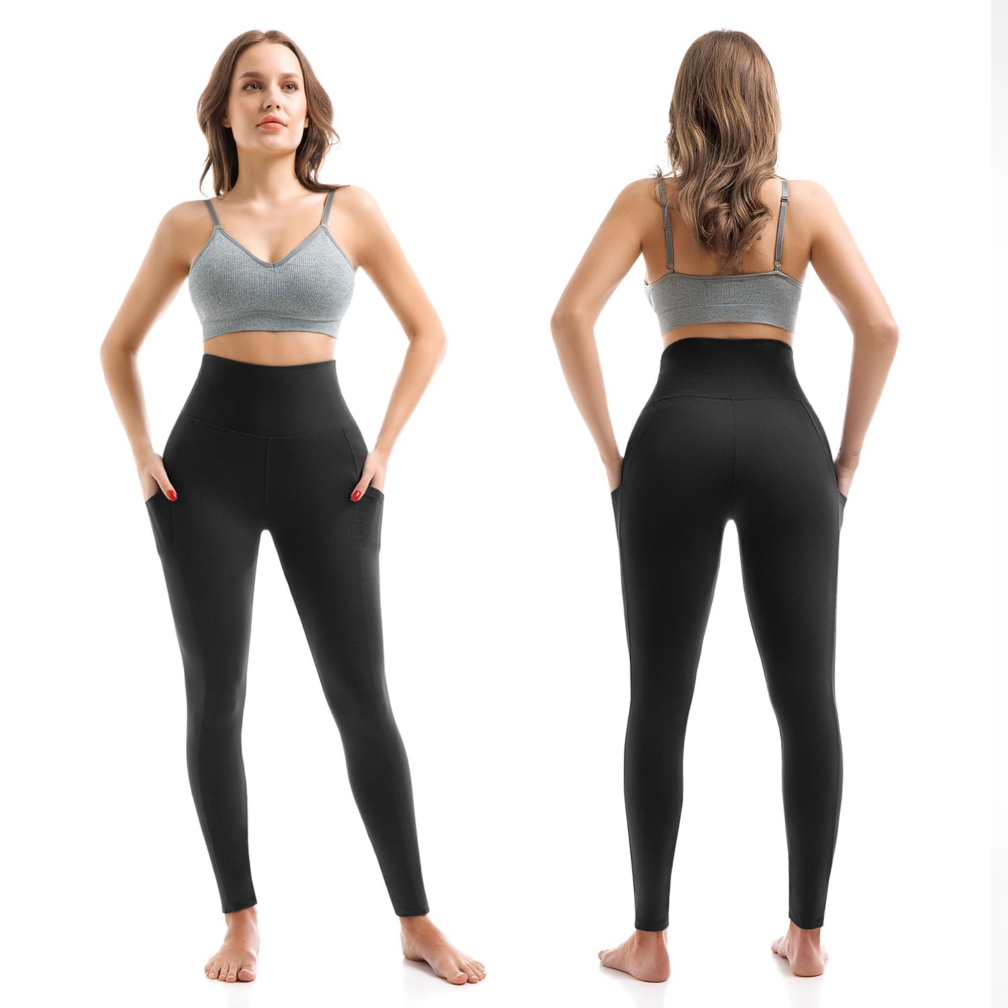 SINOPHANT 3 Pack Leggings for Women - High Waisted Buttery Soft Yoga Pants for Workout Athletic Sports Black/Grey/Navy Pockets L-XL