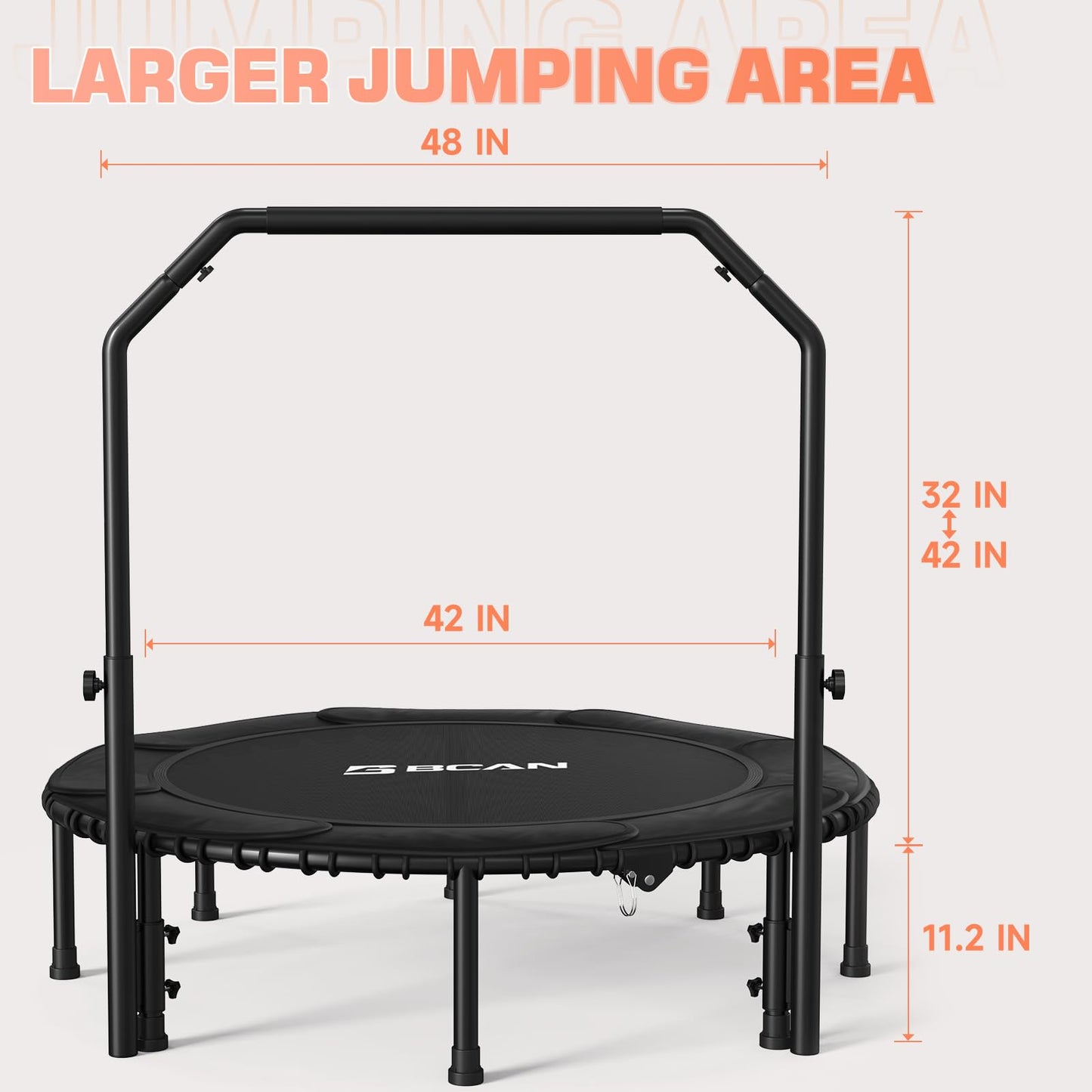 BCAN 550 LBS Foldable Mini Trampoline, 48" Fitness Trampoline with Adjustable Handle Bar, Bungees, Stable & Quiet Exercise Rebounder for Kids Adults Indoor/Garden Workout - Black