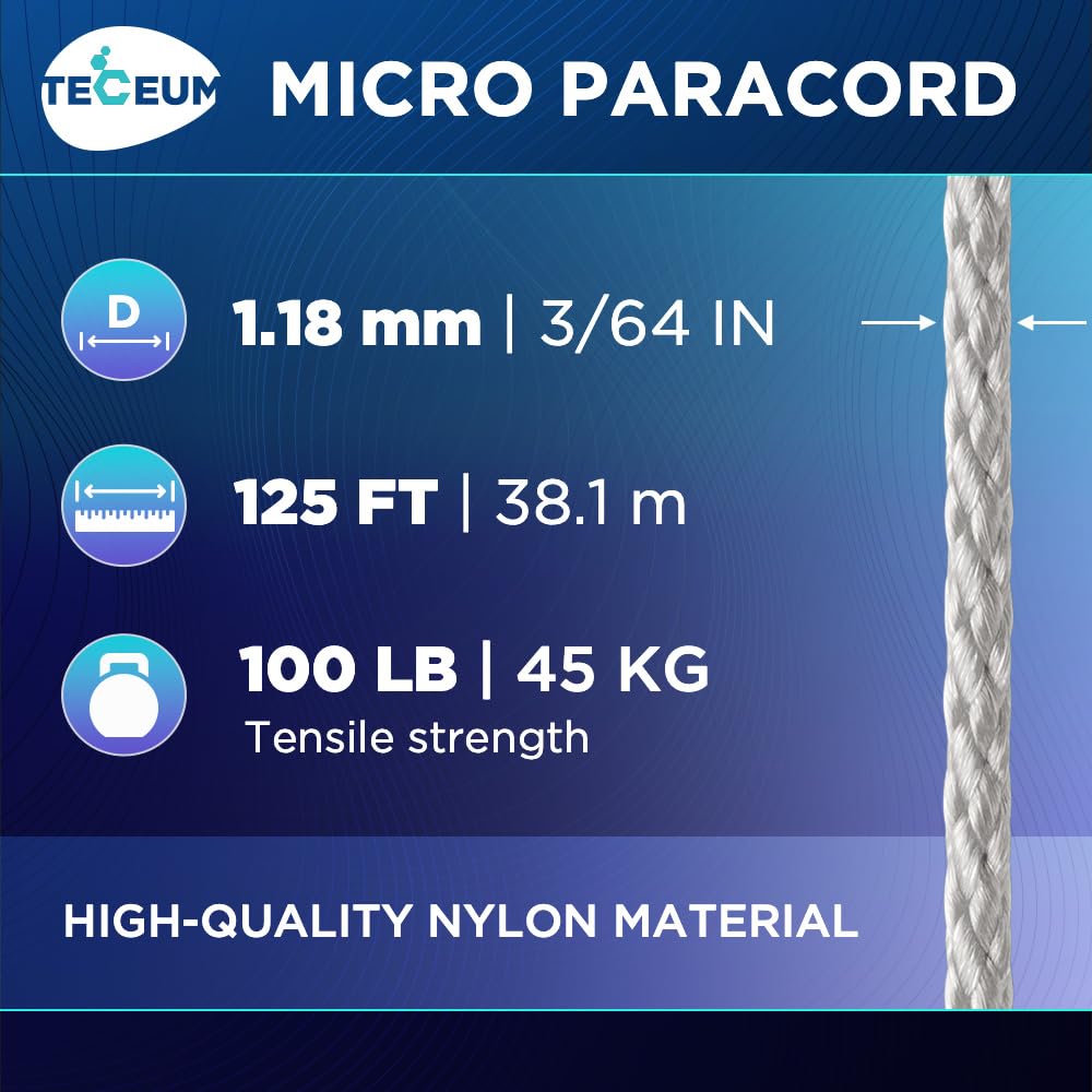 TECEUM Micro Paracord – Silver Gray – 1.18 mm x 125 ft – Micro Utility Cord – Thin Braided Paracord Rope Nylon Polyester – Wind Chime Replacement – Survival Strong String 002c