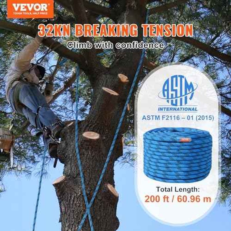 VEVOR 12.7mm Static Climbing Rope, 60.9M(200ft) Outdoor Rock Climbing Rope 30KN Breaking Tension, Fiber Rope for Escape, Rappelling, Fire Rescue, Blue