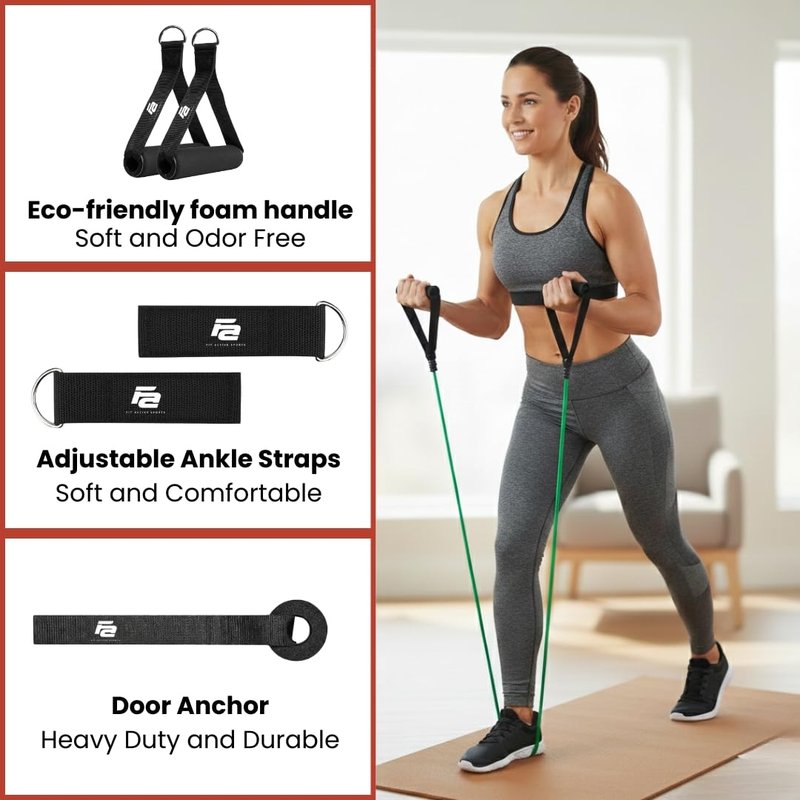 Fit Active Sports Resistance Bands Set with Handles, Ankle Straps, Door Anchor, Exercise Chart and Free Carrying Bag - Excellent for Body Toning, Building Muscle, Strengthening Joints, and More!