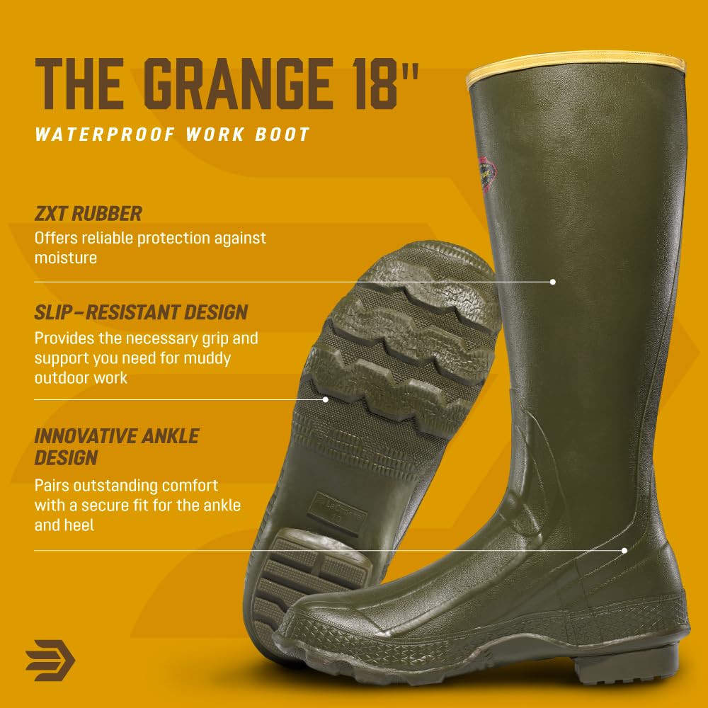 LaCrosse Grange Rubber Hunting & Work Boots for Men - Waterproof ZXT Rubber, with Adjustable Fit Strap, EVA Footbed, and Slip-Resistant Outsole, OD Green - 8