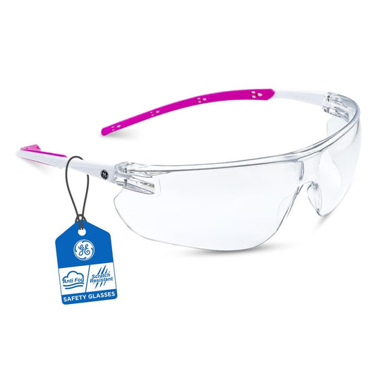 GE Safety Glasses - Scratch-Resistant Durability, Clear Protective Lenses, UV Shielding, Eye Protection, Outdoor, Indoor, Labs & Construction Safety Work Glasses for Men and Women - White/Pink