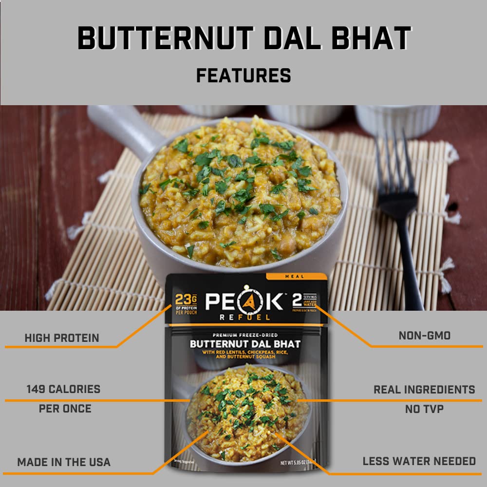 Peak Refuel Butternut Dal Bhat | Freeze Dried Backpacking and Camping Food | Amazing Taste & Quality | High Protein | Real Meat | Quick Prep (2 Serving Pouch)