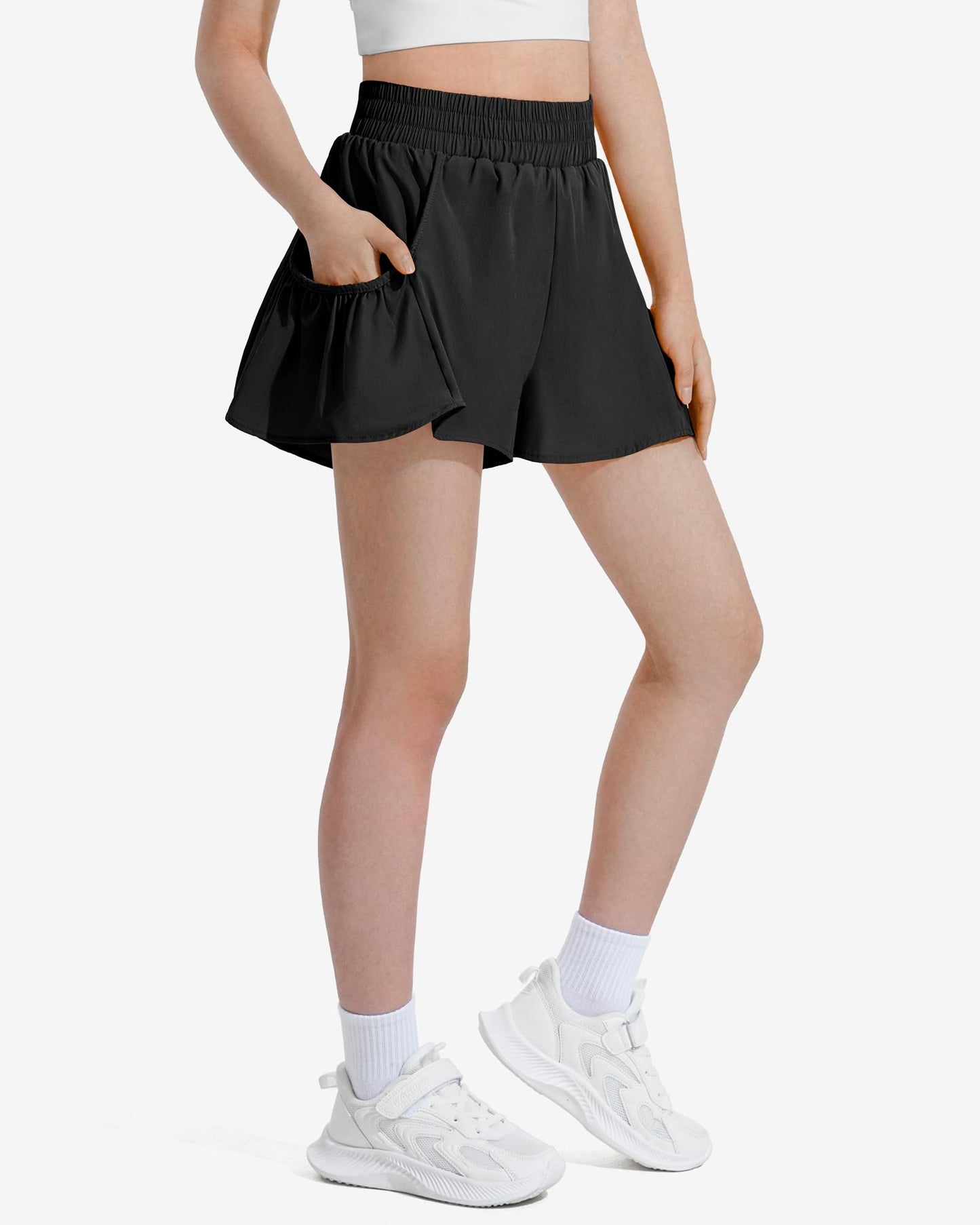 JOCMIC Girls Flowy Athletic Shorts High Waisted Running Shorts with Pockets Quick Dry Gym Fitness Shorts Black 9-10 Years