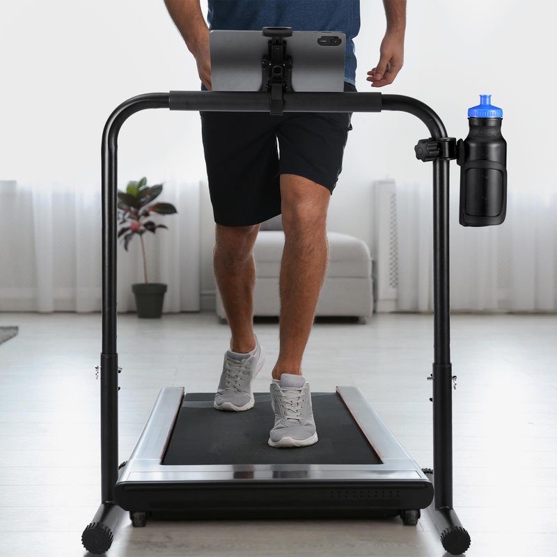 Leinuosen 24.4 Inch Walking Pad Handle Bar Attachment Only with Phone and Cup Holder Adjustable Treadmill Handrail Height from 30.7 to 39.37 Inch Comfortable Grip Stainless Steel Frame Overbold Stable