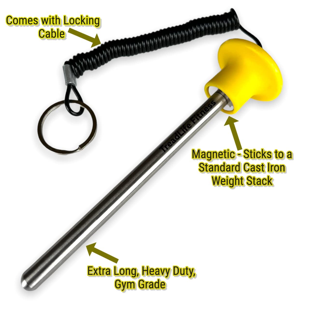 TreadLife Fitness Universal Weight Stack Pin | 3/8" Diameter Extra Long 5 1/2" Pin Insert | Magnetic | Heavy Duty | Health Club Grade Steel Gym Accessories | Yellow