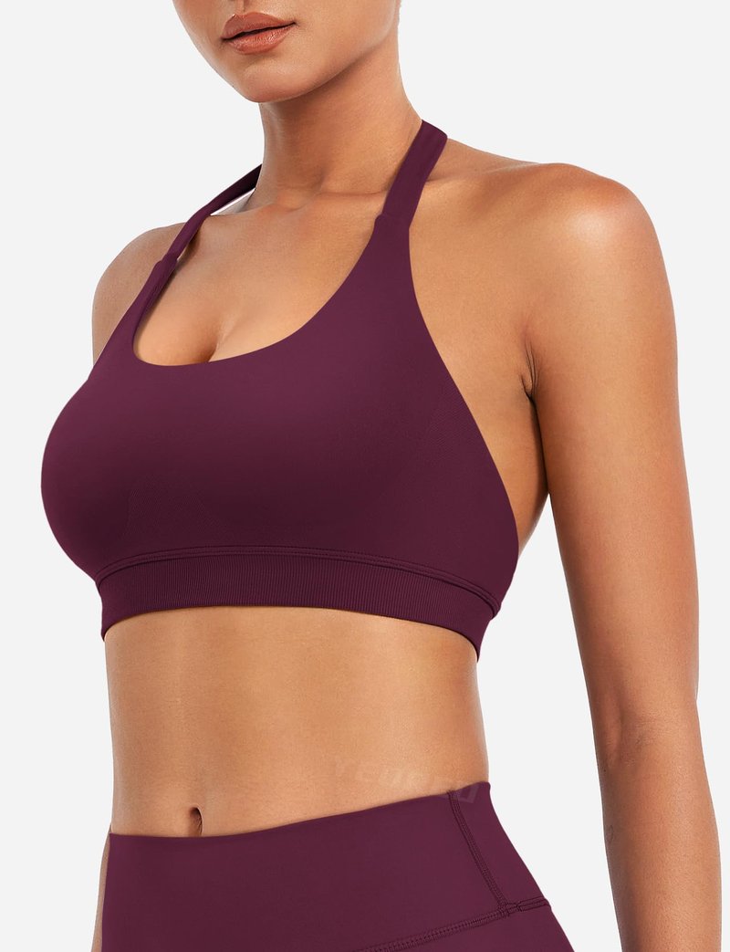 YEOREO CoreFlex Women Halter Sports Bra Workout Seamless Padded Basic Bra Open Back Yoga Gym Crop Top Black Cherry-S