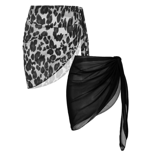 Ekouaer 2 Pieces Women Beach Sarongs Sheer Cover Ups Chiffon Bikini Wrap Skirt for Swimwear,Black/White Leopard Print,Small