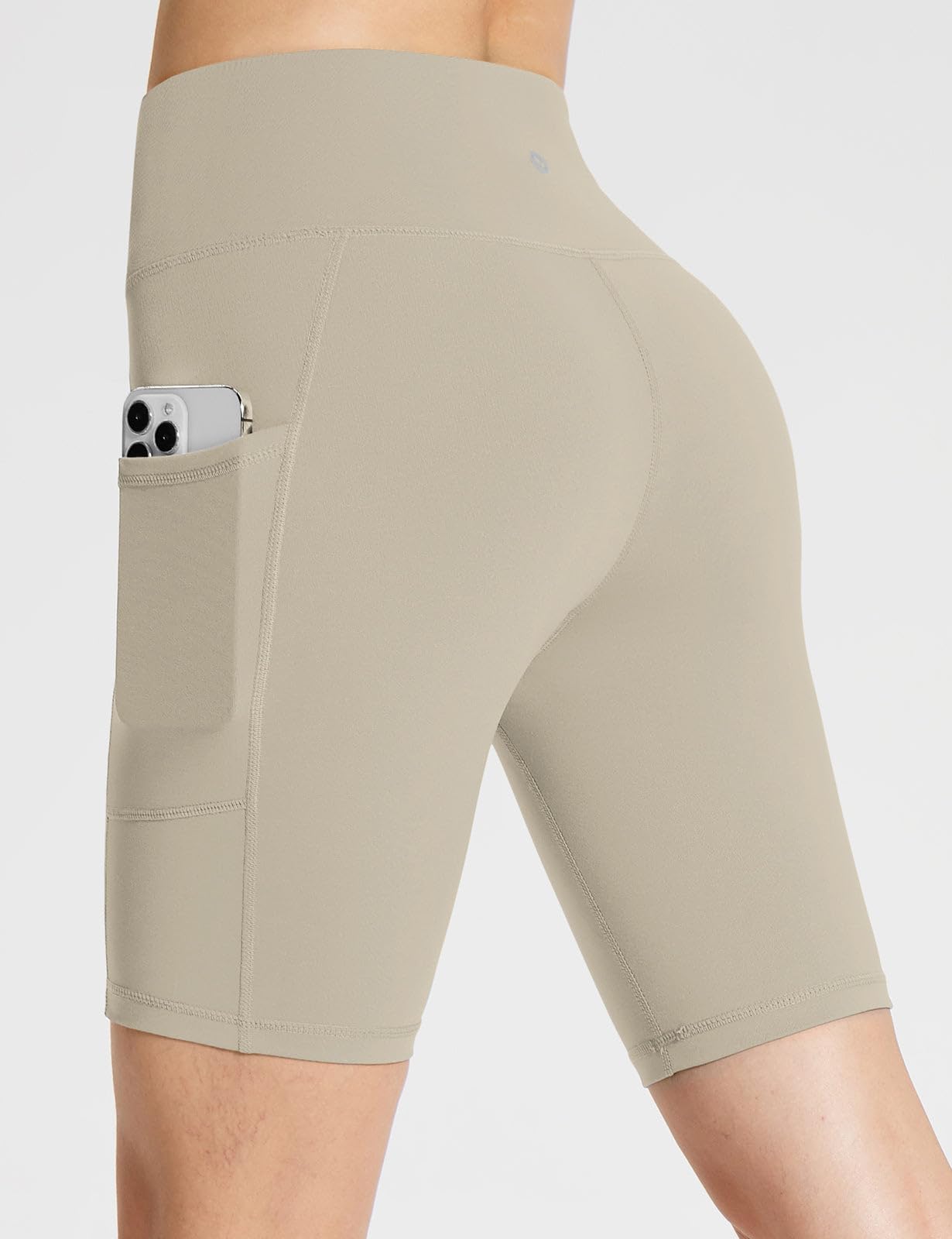 baleaf Biker Shorts Women Yoga Gym Workout Spandex Running Volleyball Tummy Control Compression with Pockets 8" Khaki XXL