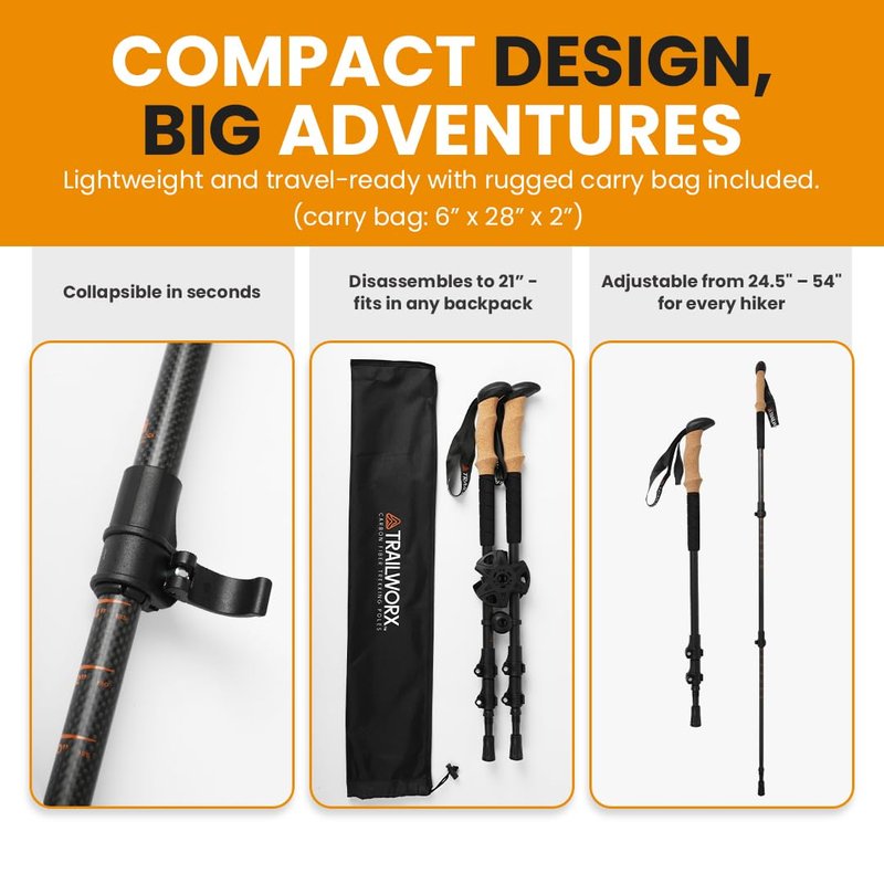TRAILWORX 3K Carbon Fiber Trekking Poles, Collapsible Set of 2 Lightweight Adjustable Hiking Poles 24.5"-54" with Cork Grip, Tungsten Carbide Tips, Black, Includes Carry Bag, Snow & Mud Baskets
