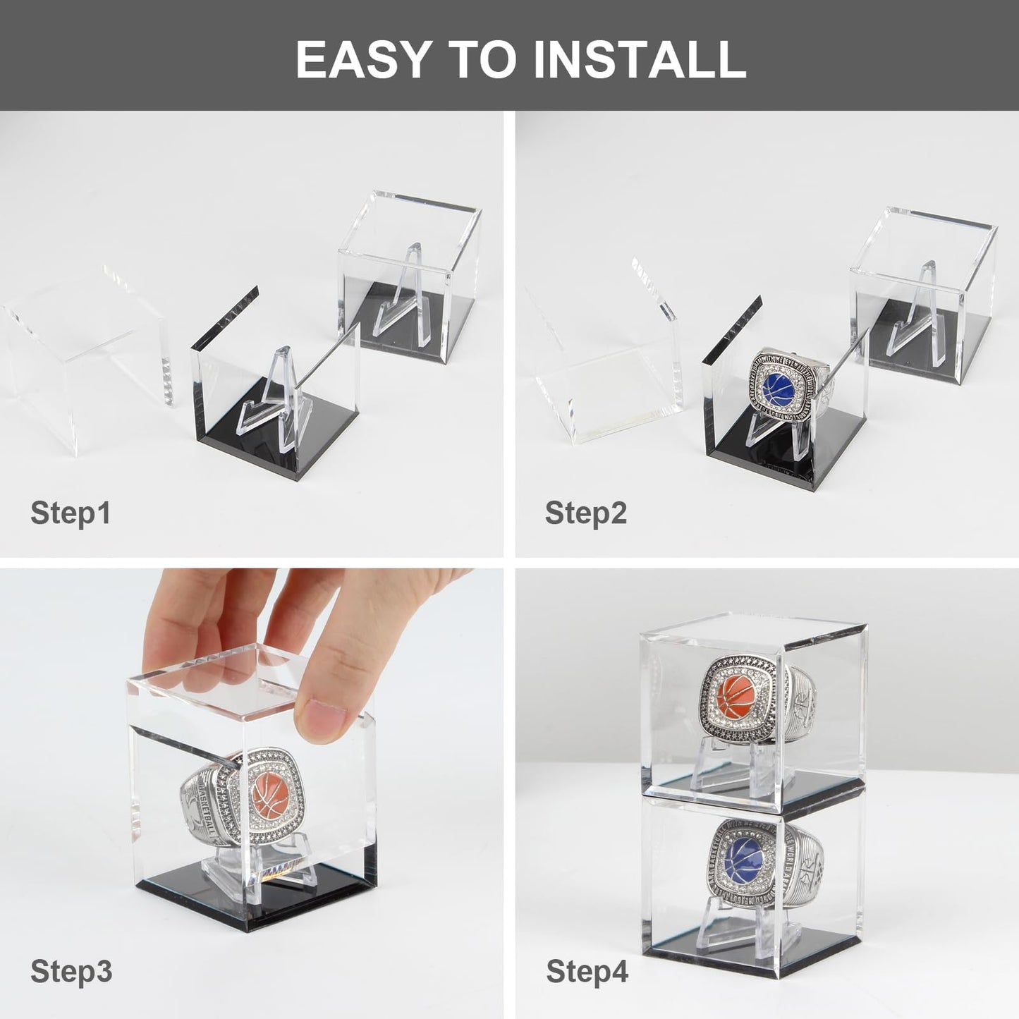 Kcgani Clear Championship Ring Holder Box, Acrylic Championship Ring Holder Box, Clear Acrylic Display Easel Display Case and Holder for Baseball Softball Football Tournament Cheer Leading Rings