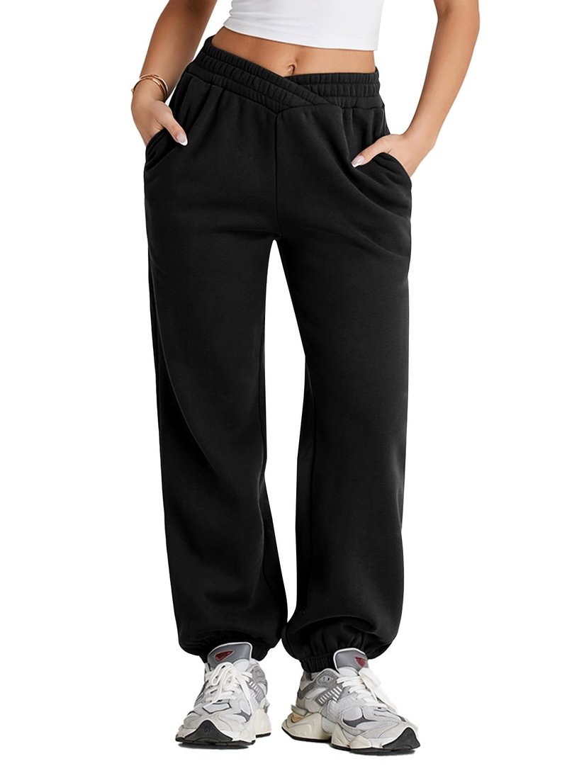 Herseas Women's Black V Crossover Elastic High Waist Sweatpants Y2K Jogger Pants Comfy Fleeced Cozy Long Pants X-Large
