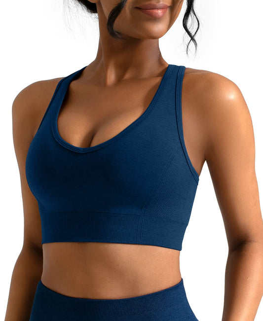 CELER Sports Bras for Women Racerback Chemistry Seamless Workout Yoga Gym Fitness Bra with Removable Pads, Dark Blue S