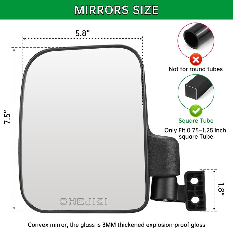 SHEJISI Golf Cart Mirror, Upgraded Hassle-Free Installation 3 Sizes for Square Tube Roll Cage Compatible with Club Car Onward DS,Yamaha Drive 2 G22 G29,EZ GO Medalist RXV TXT,ICON,Cushman,Tomberlin