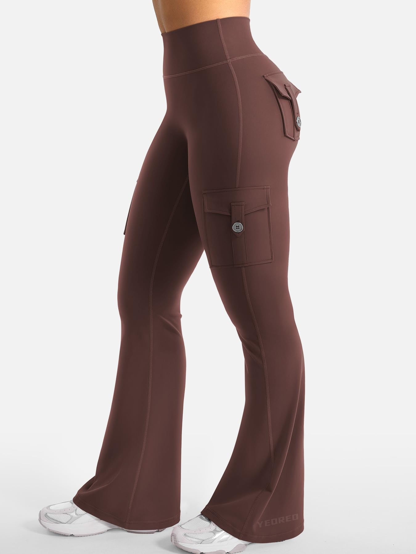 YEOREO CoreFlex Women Workout Flare Leggings with Pockets Hidden Scrunch Cargo Gym Yoga No Front Seam Leggings Chocolate L