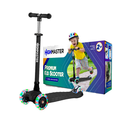 HighMaster Kids Scooter – 3 Wheel Kick Scooter for Children and Toddlers – Adjustable Handlebar with LED Wheel Lights – Indoor and Outdoor Fun (Black)