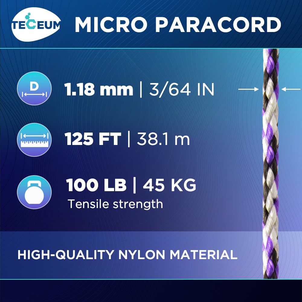 TECEUM Micro Paracord – Purple Snake – 1.18 mm x 125 ft – Micro Utility Cord – Thin Braided Paracord Rope Nylon Polyester – Wind Chime Replacement – Survival Strong String 026mc