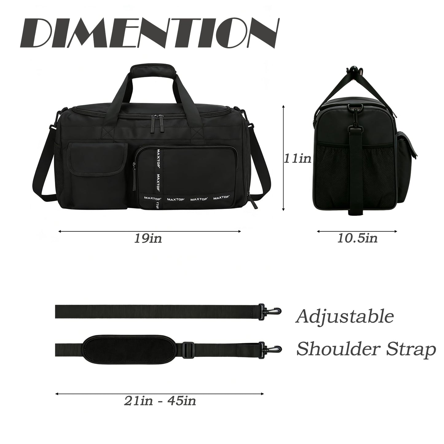 MAXTOP Large Gym Bag for Men Women with Shoe Compartment Wet Dry Separation Black Carry on Duffle Bag for Travel Sports Yoga Fitness Weekend Outdoor Activities
