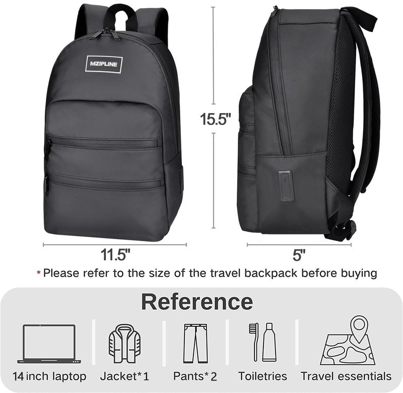 MZIPLINE Small Backpack Bag-Water Resistant Daypack Travel bag with Activated Carbon Lined for Men & Women Travel (Black)