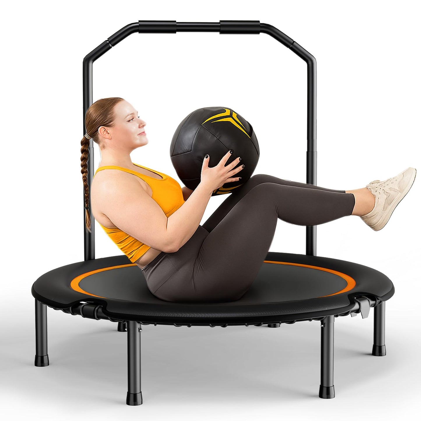 Zupapa 48" Foldable Rebounder, 550LBS Fitness Trampoline with Durable Bungees, Adjustable Handle, Stable & Quiet Exercise Rebounder for Adults, Great Mini Trampoline for Indoor/Garden Workout (48in)