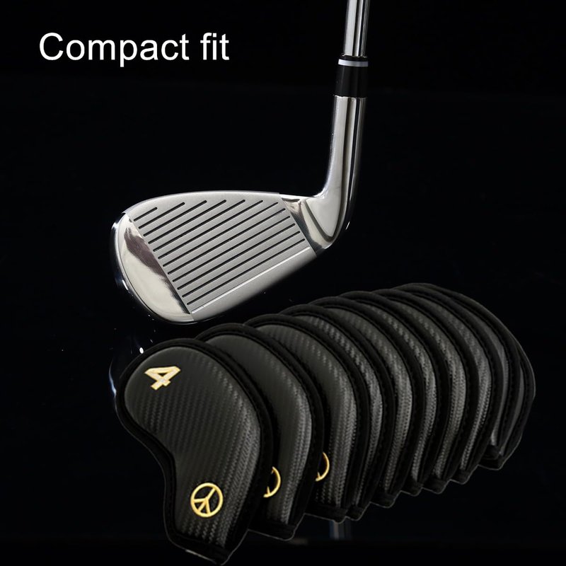 Golf Iron Covers 10pcs Set Cool Techiness Carbon Texture Numbers Embroidered Compact Fit Blade-Style Golf Irons Durable Precision Golf Club Head Covers