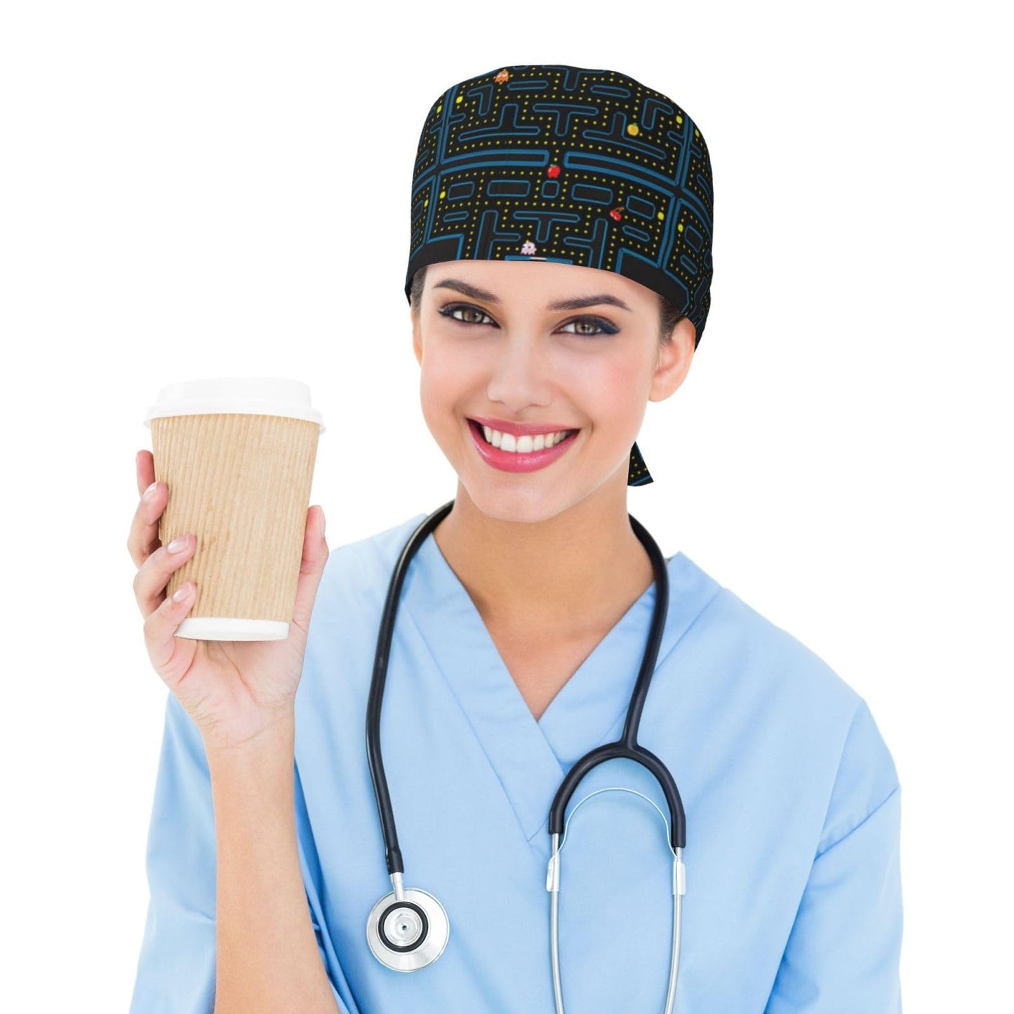Retro Video Game Pattern Working Cap Scrub Cap with Sweatband,Adjustable Fashion Elastic Bandage Tie Back Hat Headwear Printed for Women Men