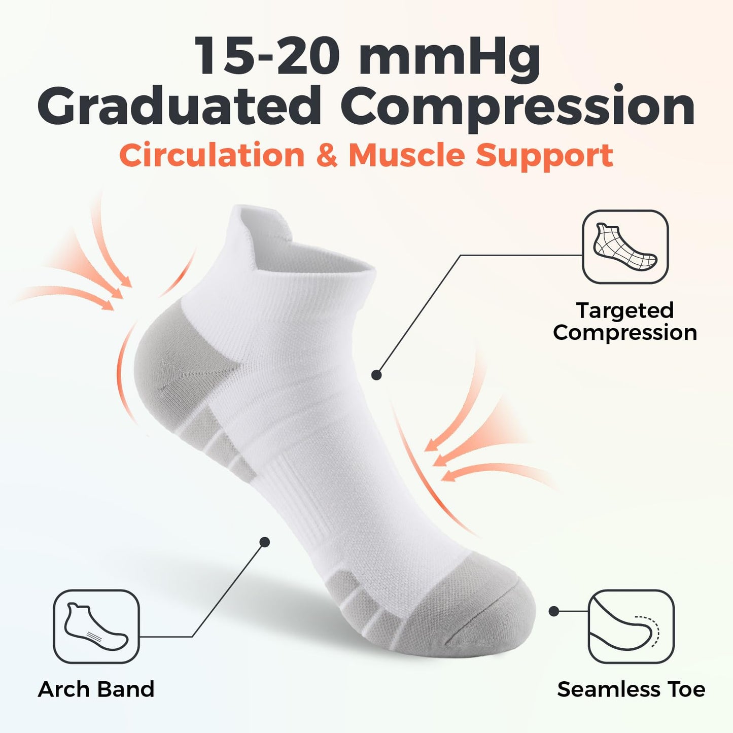 musesox Ankle Compression Socks for Women and Men,Low Cut Compression Running Socks with Arch Support(6 Pairs) Best for Sports,Workout,Travel,Daily,Black,White,Gray,Unisex,Large