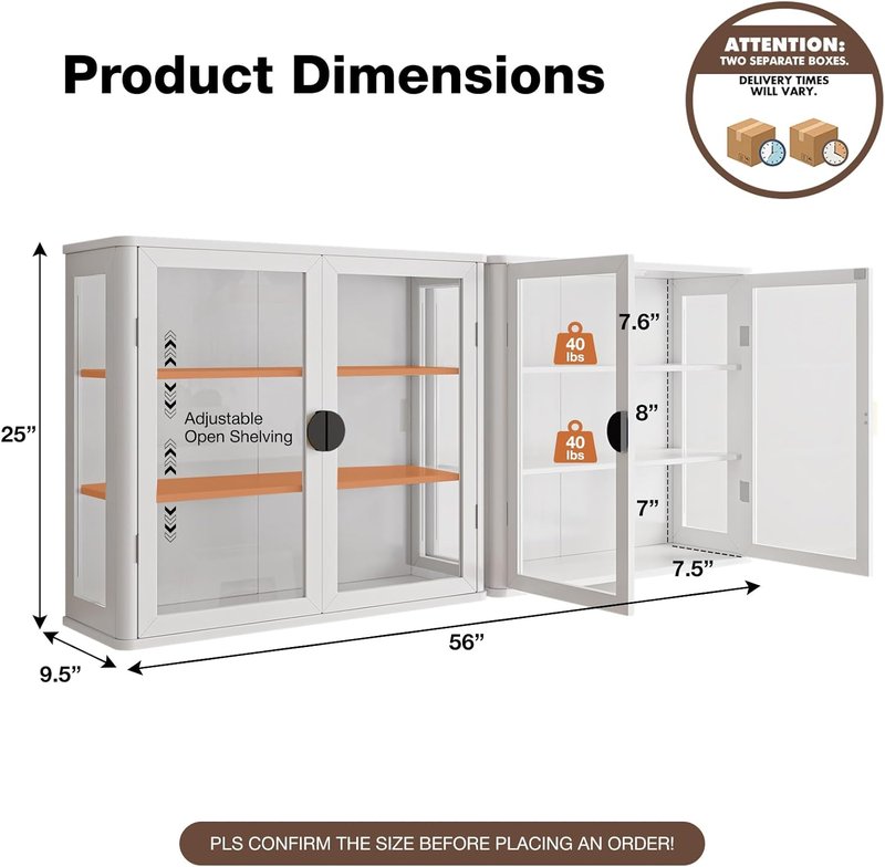 Bathroom Wall Cabinet Set of 2 - 56” Floating Display with Glass Doors & Adjustable Shelves | White Finish