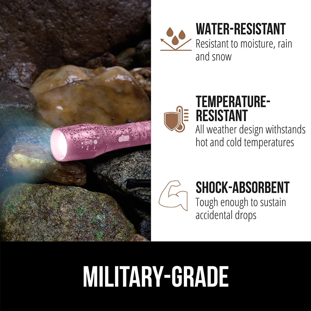 GORILLA GRIP Powerful LED 750 FT Water Resistant 5 Adjustable Mode Tactical Flashlight, High Lumens Ultra Bright Battery Zoom Flashlights, Small Camping Car Mini Flash Light Accessories, 2 Pack, Pink