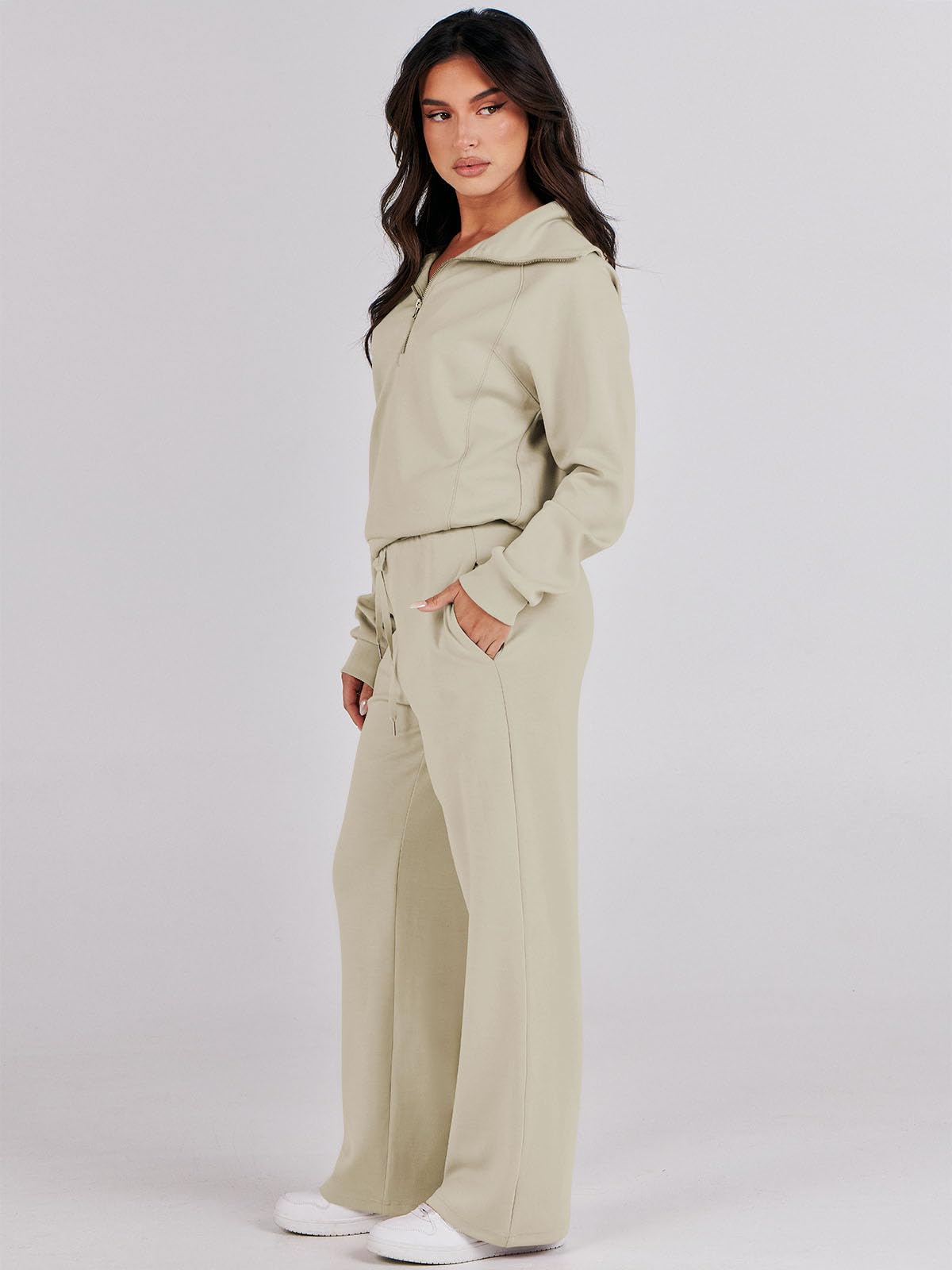 Caracilia Womens 2 Piece Outfits Sweatsuit Set Half Zip Oversized Sweatshirt Wide Leg Sweatpant Fall Lounge Sets Tracksuit Khaki Large