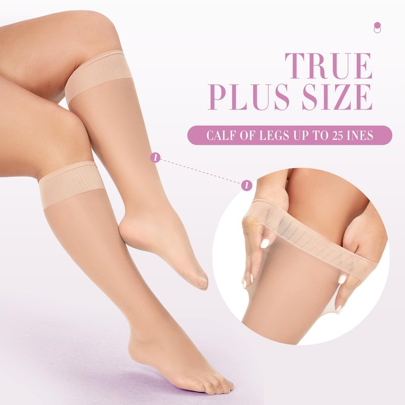 MANZI 6 Pairs Plus Size Knee Highs for Women 15 Denier Sheer Nylon Socks Knee High Stockings Black/Natural X-Lagre-XX-Large