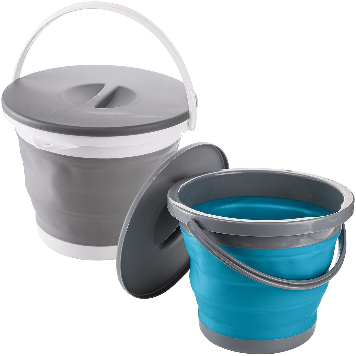 Bekith 2 Pack Collapsible Plastic Bucket with Locking Lid, 5L / 1.32 Gallon Foldable Round Tub Portable Fishing Water Pail for Hiking, Backpacking, Camping and Outdoor Survival (Blue, Gray)