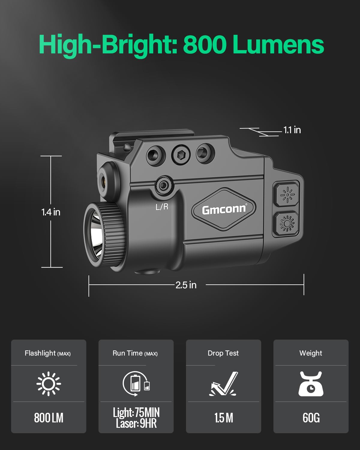 Gmconn 800 Lumen Green Laser Light Combo for Pistol | Tactical Flashlight with Strobe & Momentary Function