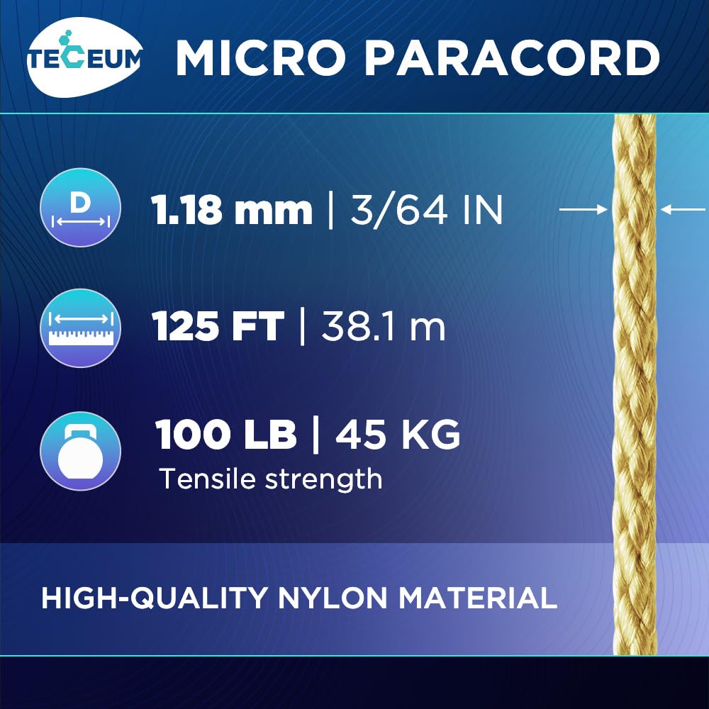 TECEUM Micro Paracord – Golden Sand – 1.18 mm x 125 ft – Micro Utility Cord – Thin Braided Paracord Rope Nylon Polyester – Wind Chime Replacement – Survival Strong String 028c