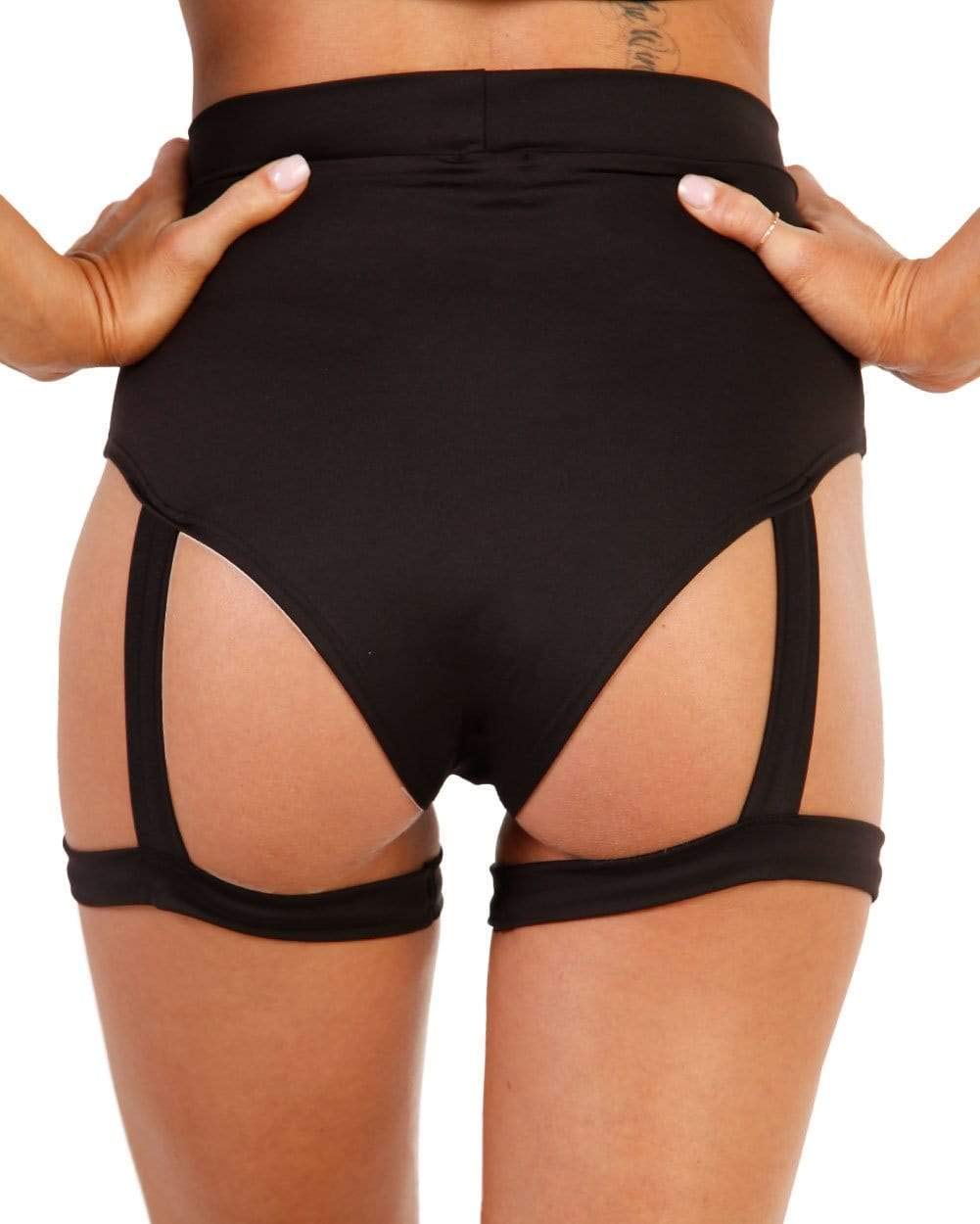 iHeartRaves Showdown Harness High Waisted Booty Shorts for Women Rave Bottoms Pole Dance Shorts (Black, Small)