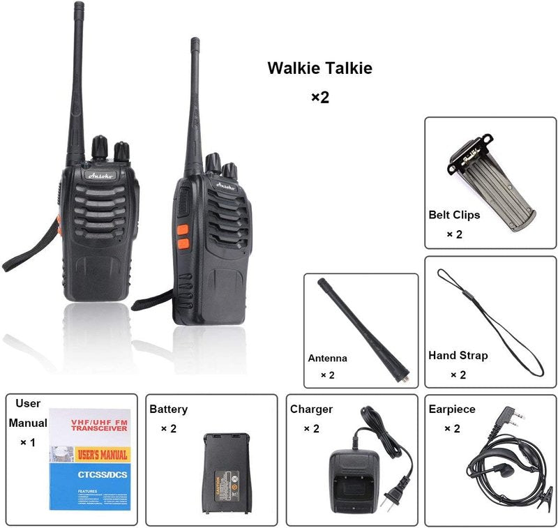 Rechargeable Walkie Talkies - Long Range Two-Way Radios | 16 Channels, Earpiece Included (2 Pack)