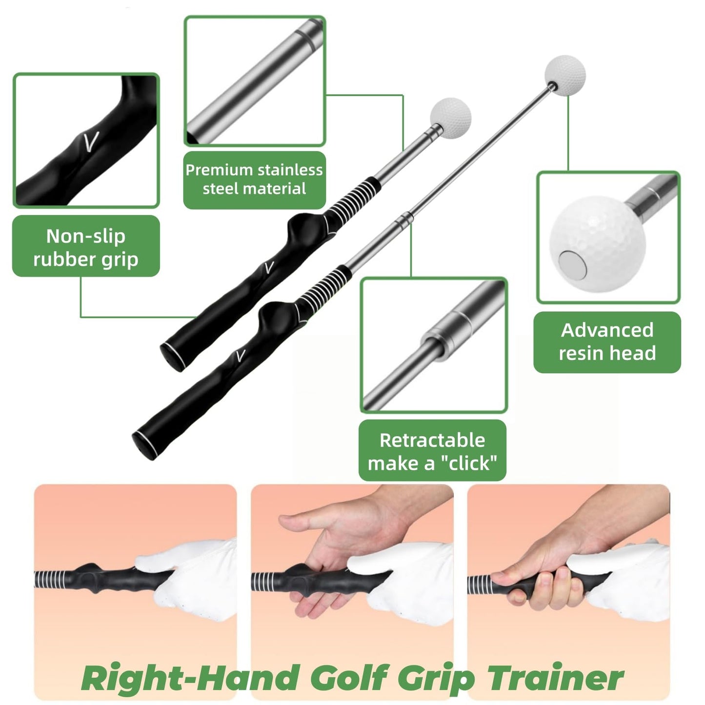 JCWPVA Retractable Golf Swing Trainer with Wrist Support Brace, Golf Grip Trainer & Swing Aid for Right Hand, Adjustable Golf Training Equipment for Strength & Tempo Training, Indoor Outdoor Practice