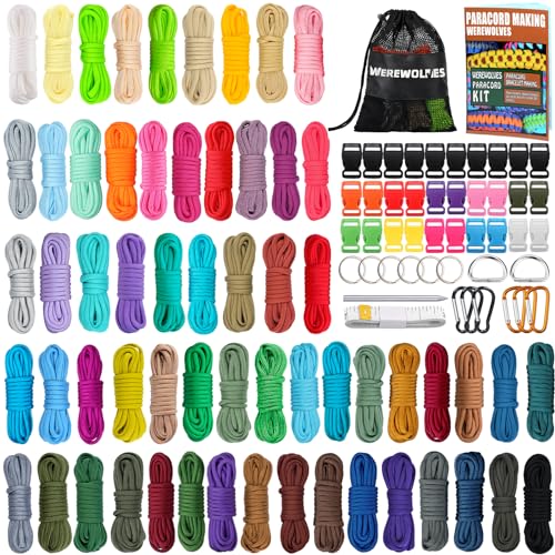 WEREWOLVES Paracord 550 Combo Crafting Kits with Instruction- 60 Colors 10ft Multifunction Paracord Ropes and Complete Accessories for Making Paracord Bracelets, Lanyards, Dog Collar (Candy)