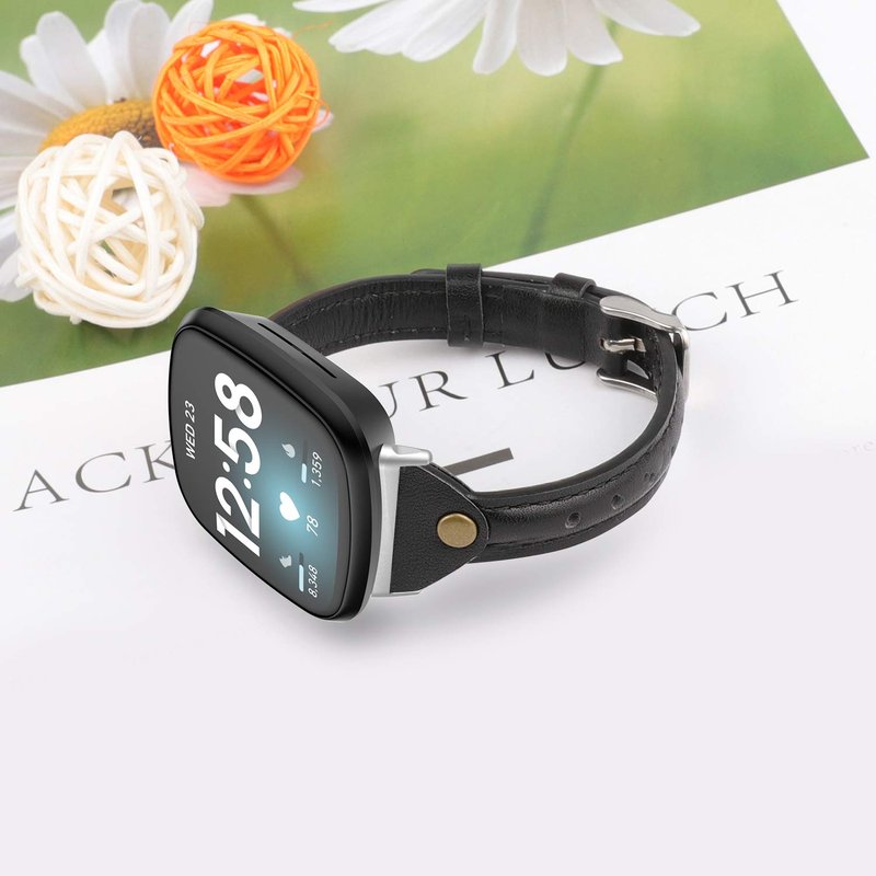 Minyee Compatible with Fitbit Versa 4/Versa 3/Sense 2/Sense Band for Women, Slim & Thin Leather Straps Bracelet Wristband for Fitbit Versa 4/ Fitbit Sense Smartwatch, Black