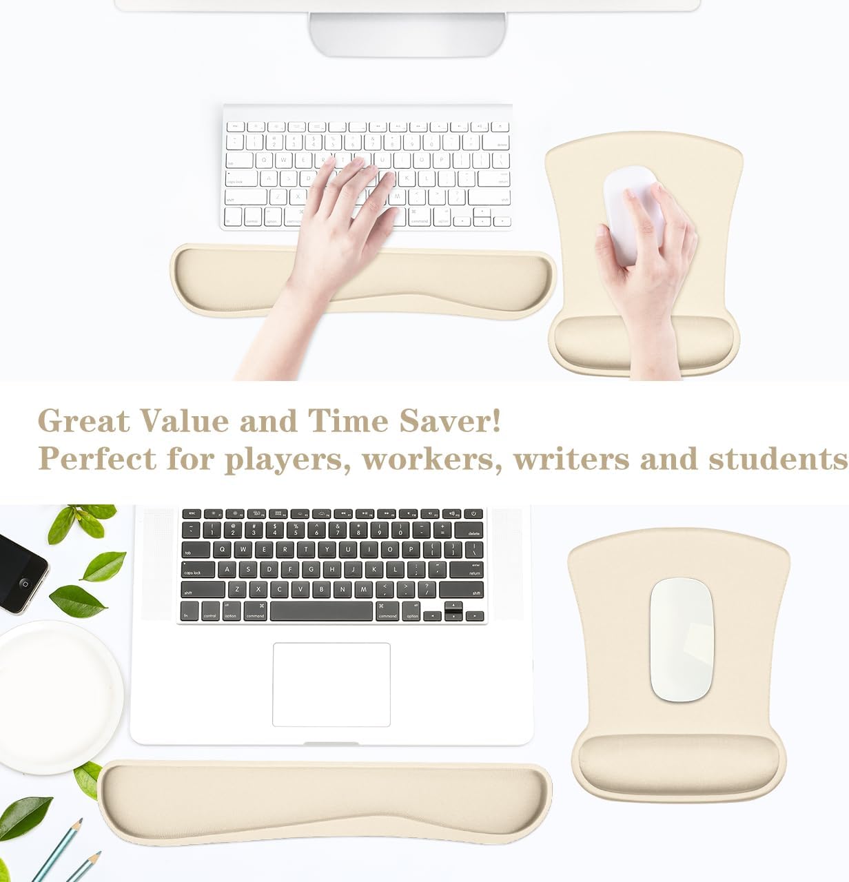 Ergonomic Wrist Rest Support - Comfortable Memory Foam Keyboard Pad & Soft Gel Mouse Pad | Pain Relief for Gaming & Office, Apricot