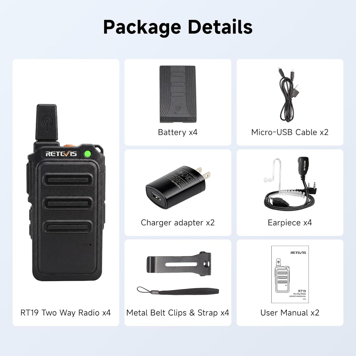 Retevis RT19 Walkie Talkie - Long Range 2 Way Radio with Earpiece & Mic | Compact Mini Design for Outdoor Use (4 Pack)