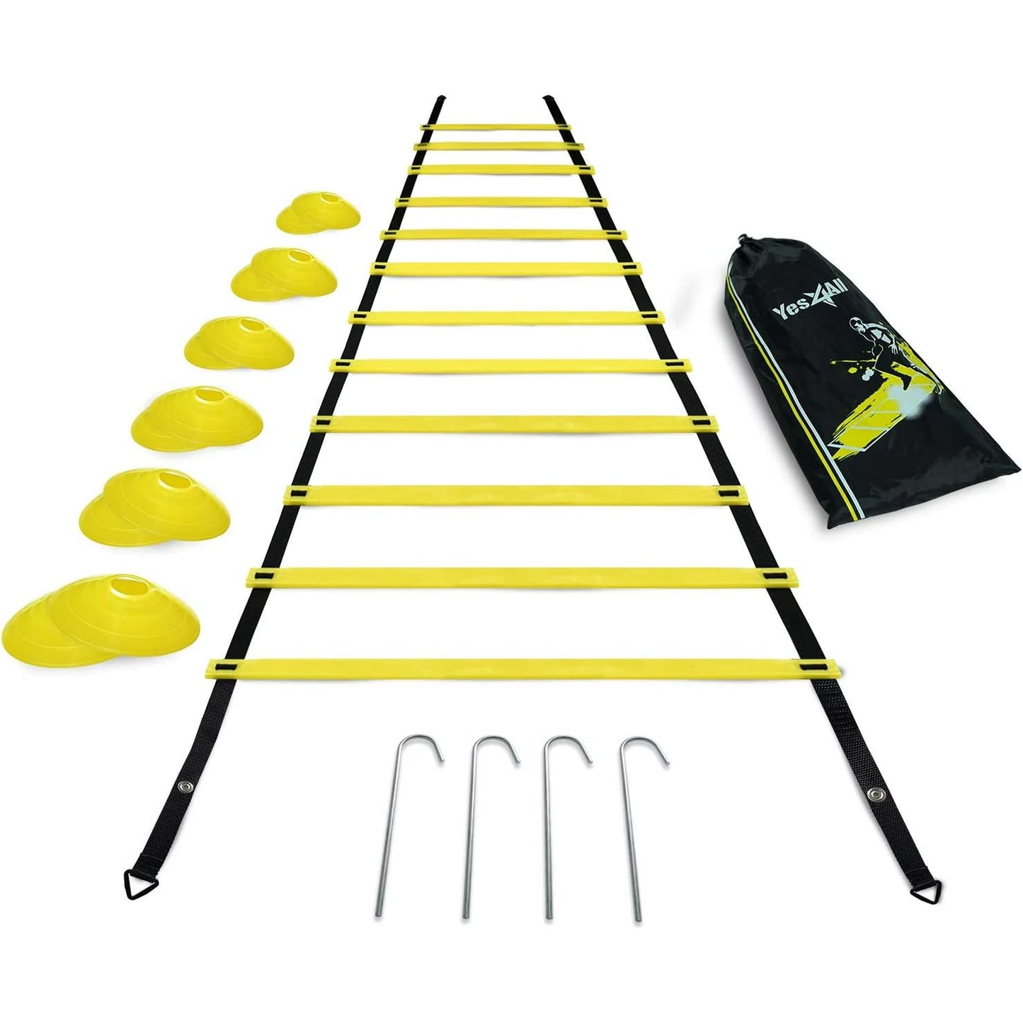 Yes4All Ultimate Combo Agility Ladder Training (Yellow) Set – Speed Agility Ladder Yellow 12 Adjustable Rungs, 12 Agility Cones & 4 Steel Stakes - Included Carry Bag