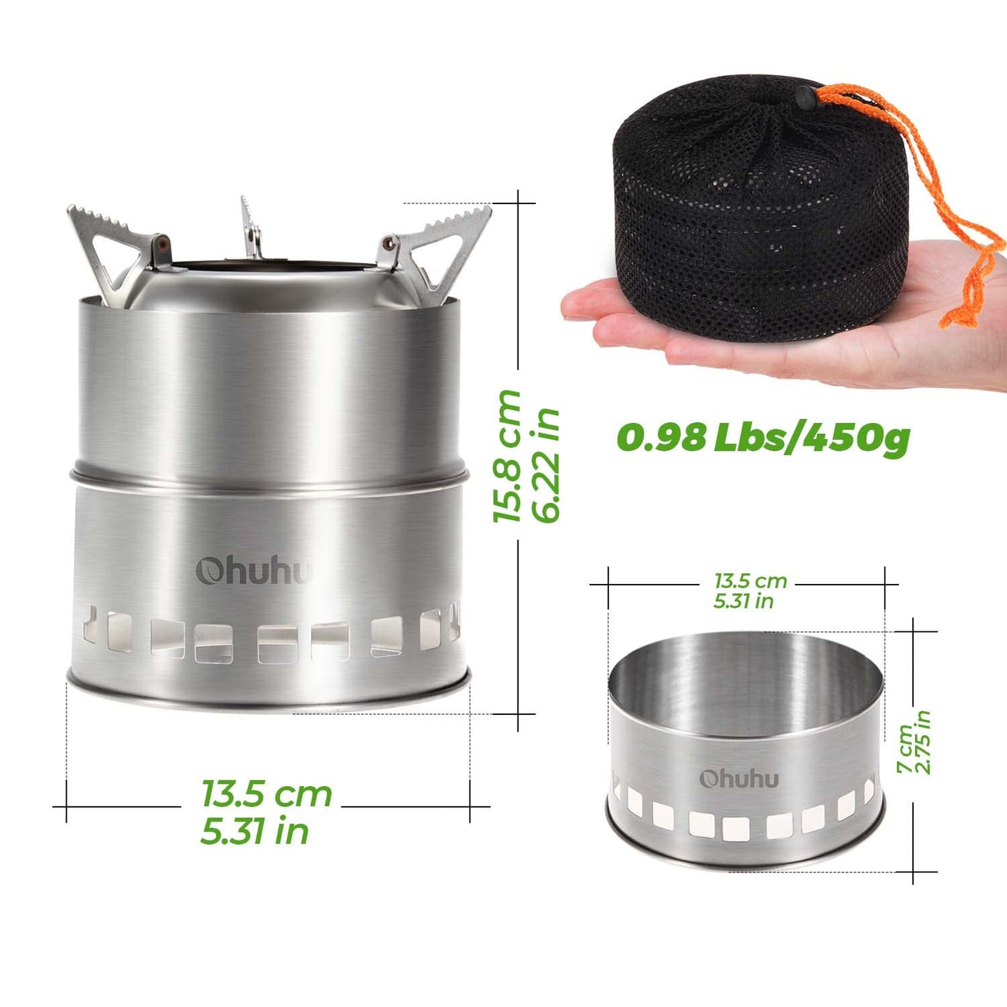 Camp Stove, Ohuhu Camping Stove Wood Burning Stove Stainless Steel Mini Portable Backpacking Survival Stoves for Picnic BBQ Camping Hiking Cooking Emergency with Grill Grid Carry Bag