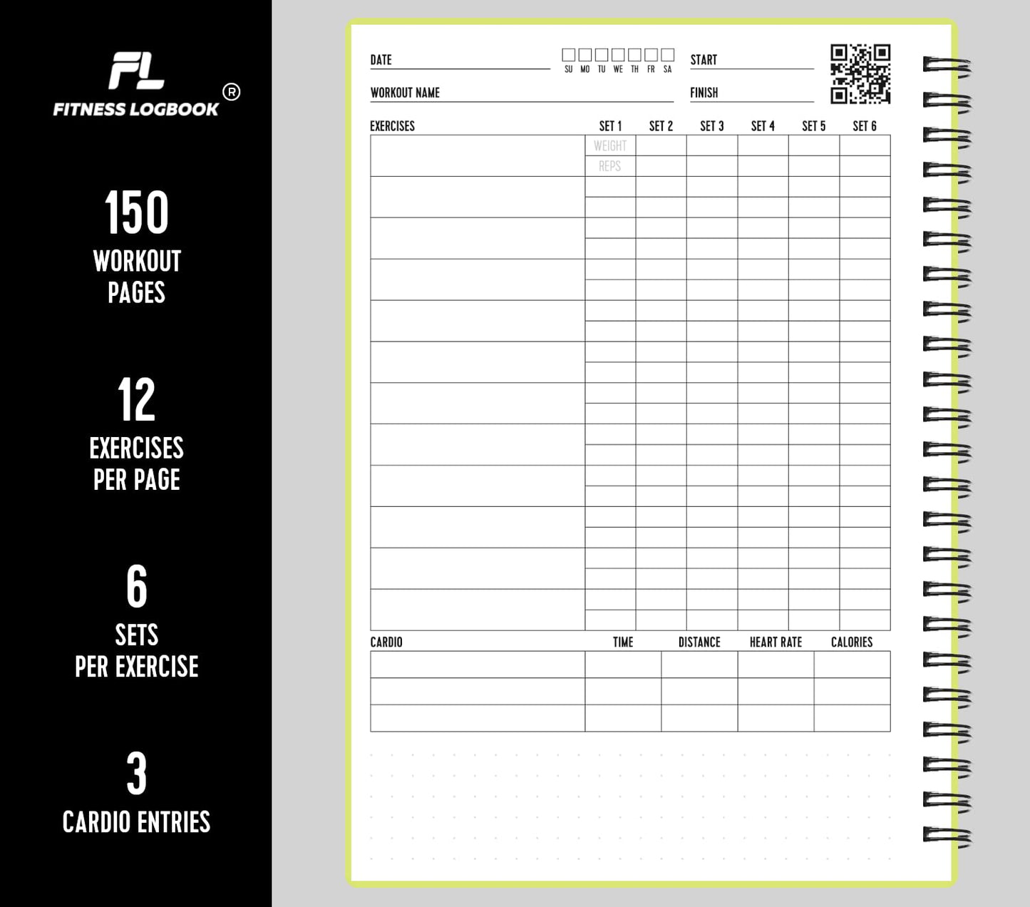 Fitness Logbook (Lime) - A5 Undated Workout Journal For Men & Women - Plastic Cover & Thick Paper - Planner Log Book To Track Weight Loss, Muscle Gain, Gym Exercise, Bodybuilding Progress