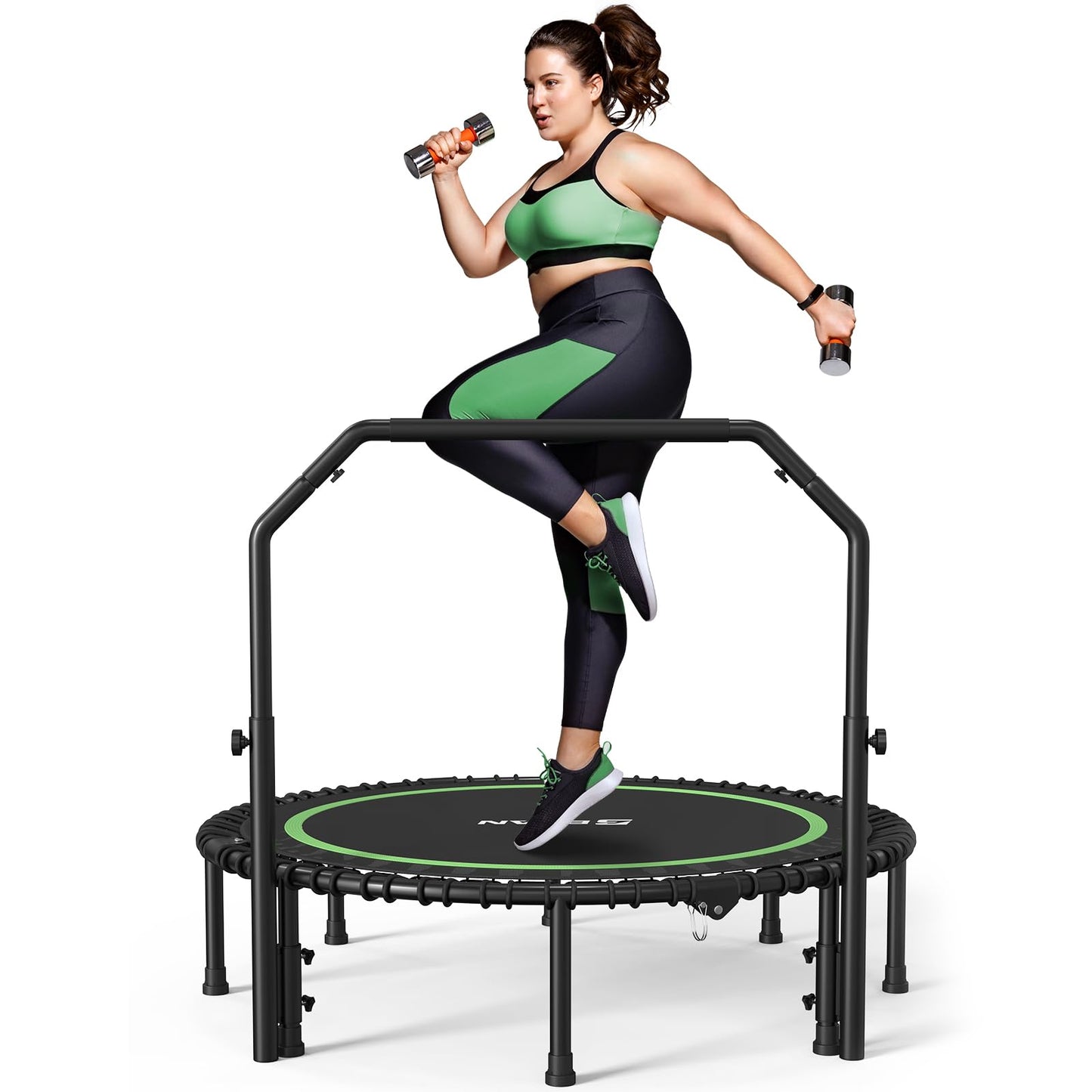 BCAN 550 LBS Foldable Mini Trampoline, 48" Fitness Trampoline with Adjustable Handle Bar, Bungees, Stable & Quiet Exercise Rebounder for Kids Adults Indoor/Garden Workout-Green