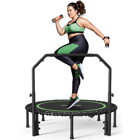 BCAN 550 LBS Foldable Mini Trampoline, 48" Fitness Trampoline with Adjustable Handle Bar, Bungees, Stable & Quiet Exercise Rebounder for Kids Adults Indoor/Garden Workout-Green